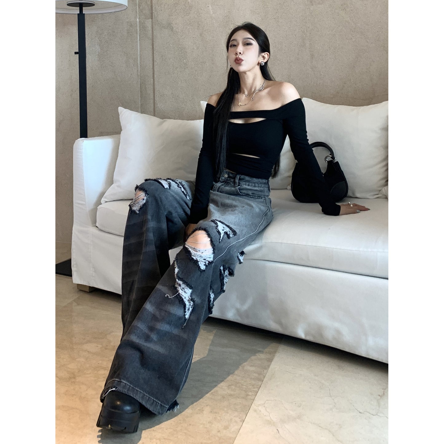 Gradient Color Big Ripped Hot Girl Wide Leg Jeans For Women