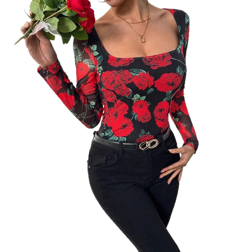 Romantic Rose Flower Mesh Printed Sexy U-neck T-shirt