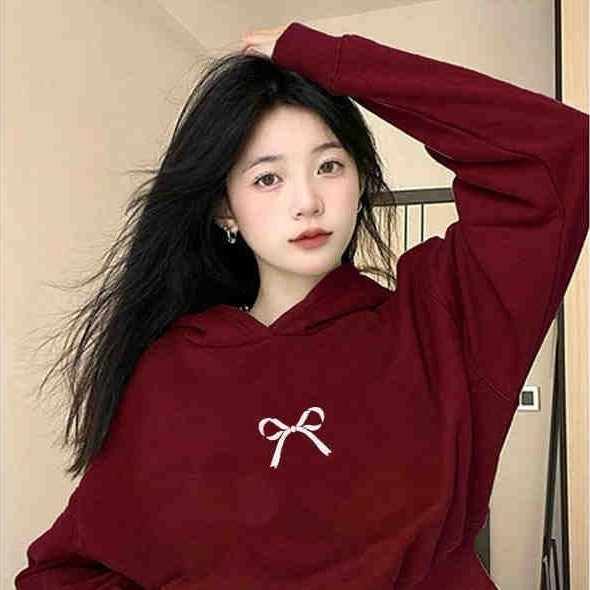 American Short Hood Wine Red Bow Sweater For Women