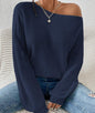 Solid Ribbed Knit Asymmetrical Shoulder Sweater,Long Sleeve Tops