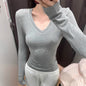 American Hot Girl Delicate V-neck Shoulder Long Sleeve T-shirt