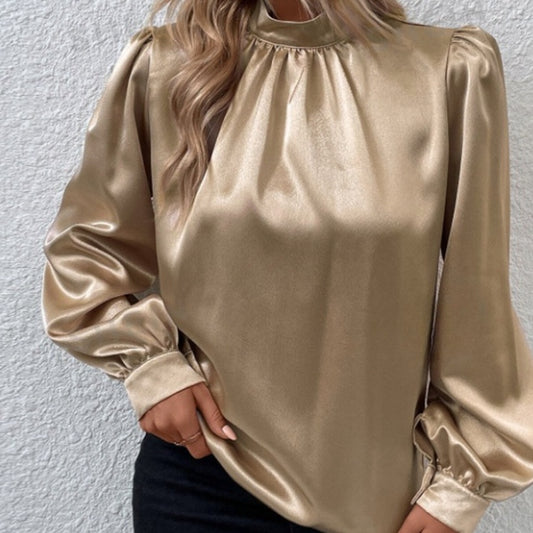 Stand-up Collar Puff Sleeve T-shirt Female Satin
