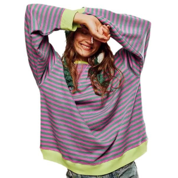 Striped Round Neck Contrast Color Loose Long Sleeve Sweatershirt