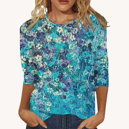 European And American Flower Plant Printed Round Neck Long Sleeve