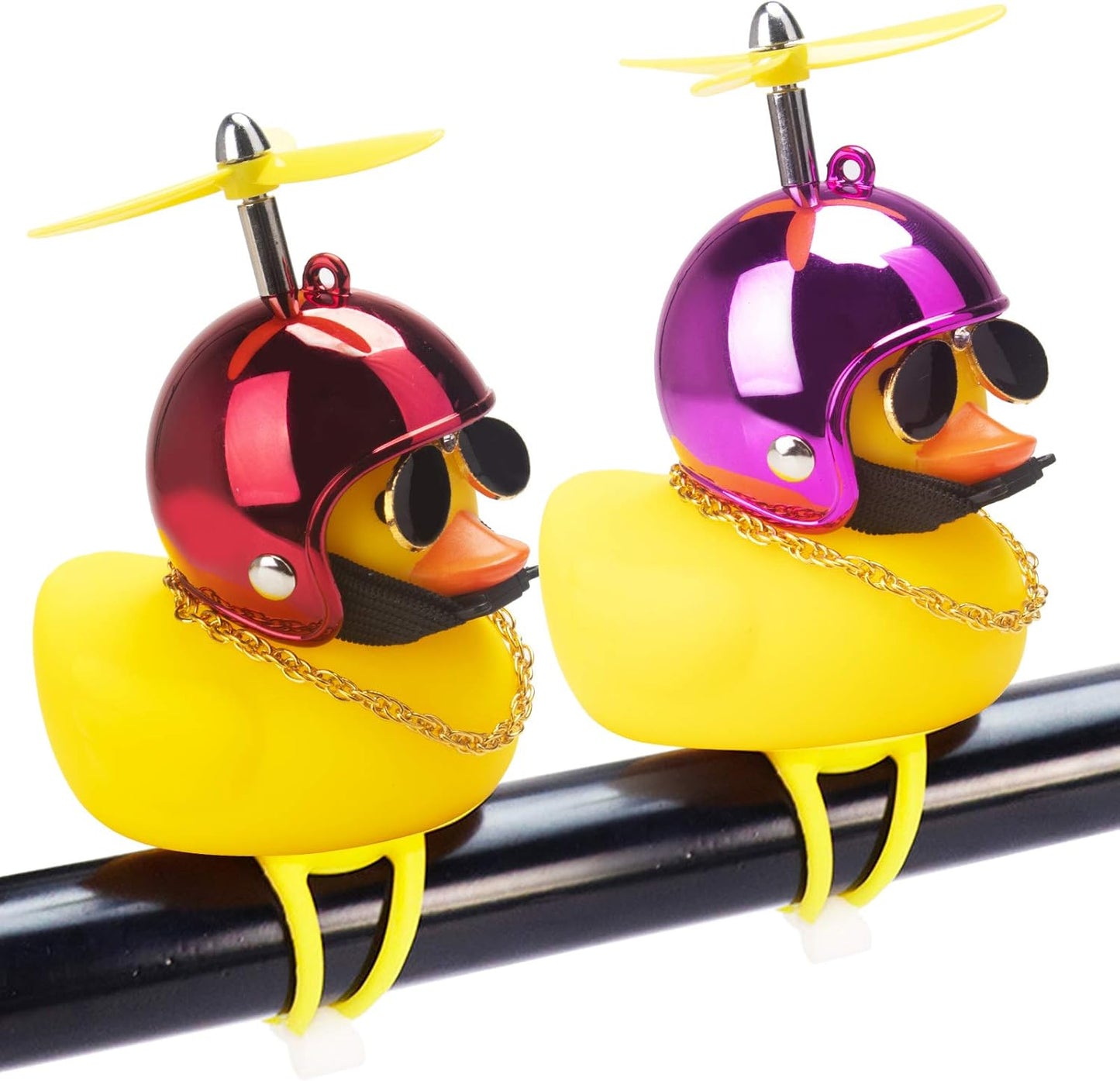Rubber Duck Car Ornaments, 2Pcs Yellow Duck Car Dashboard Decorations Squeeze Duck Bicycle Horns with Propeller Helmet