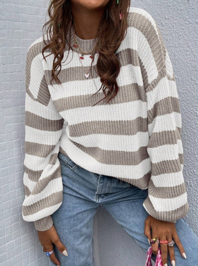 Striped Pattern Drop Shoulder Sweater,Long Sleeve Tops