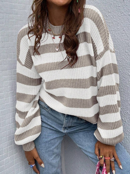 Striped Pattern Drop Shoulder Sweater,Long Sleeve Tops