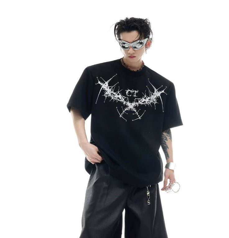 Loose Heavy Round Neck Padded Shoulder Short Sleeve