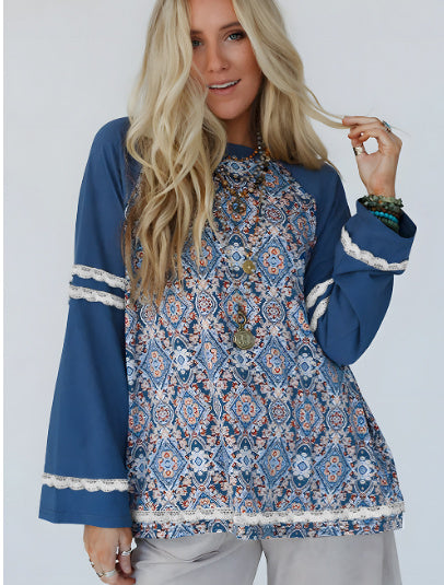 Blue Geometric Printed Lace Patchwork Ric Rac Raglan Long Sleeve Top