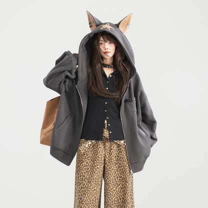 Playful Hooded Zipper Sweatshirt With Women's Fleece