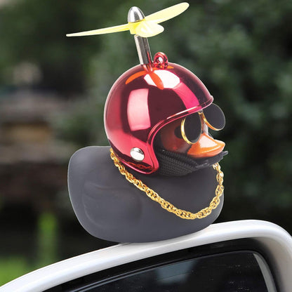 Rubber Duck Car Decorations Black Duck Car Dashboard Ornaments with Propeller Helmet (Black-Brilliant Red)
