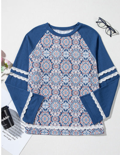 Blue Geometric Printed Lace Patchwork Ric Rac Raglan Long Sleeve Top