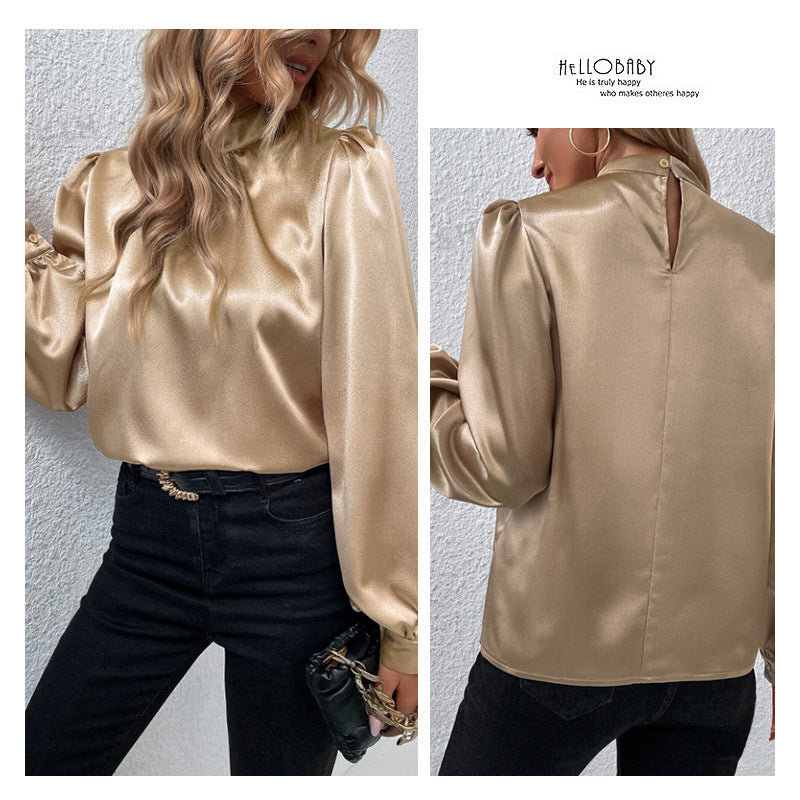 Stand-up Collar Puff Sleeve T-shirt Female Satin