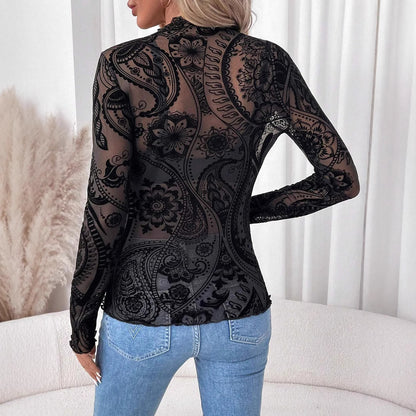 Women Paisley Flocked Printed Mesh Fungus Long Sleeve T-shirt