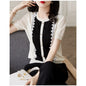 Lace Edge Stitching Button Embellished Knitted Short-sleeved Shirt For Women