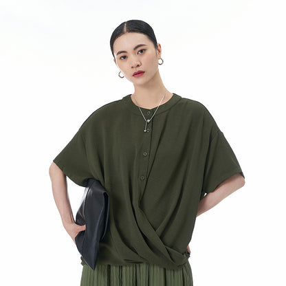 Loose Slimming Collar Decorated With Buttons Short Sleeve