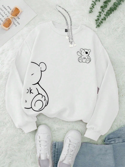 Kawaii OK Teddy Bear Printing Sweatshirts For Women Classic