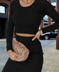 Elegant Solid Color Skirt Set, Crew Neck Crop Long Sleeve Top & High Waist Bodycon Skirt, Women's Clothing