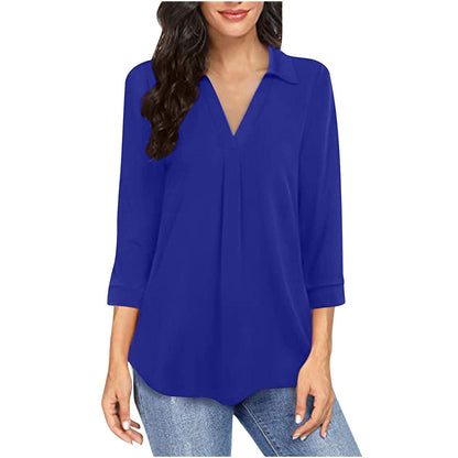 Ladies' Solid Color V-neck Seven Quarter Sleeved Shirt Top With Elegant Chiffon Stitching