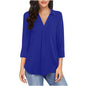 Ladies' Solid Color V-neck Seven Quarter Sleeved Shirt Top With Elegant Chiffon Stitching