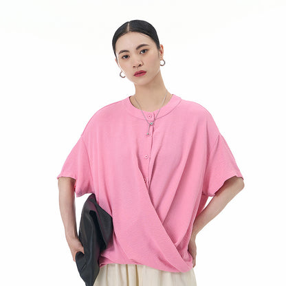 Loose Slimming Collar Decorated With Buttons Short Sleeve