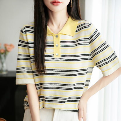 Worsted Wool Lapel Knitwear Short Sleeve