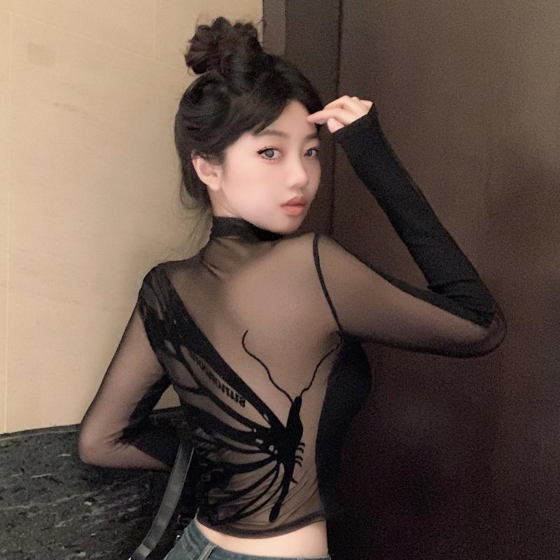 Spring And Autumn American Hot Girl Chic Mesh Short Stitching Long Sleeve