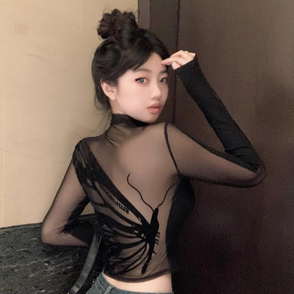 Spring And Autumn American Hot Girl Chic Mesh Short Stitching Long Sleeve