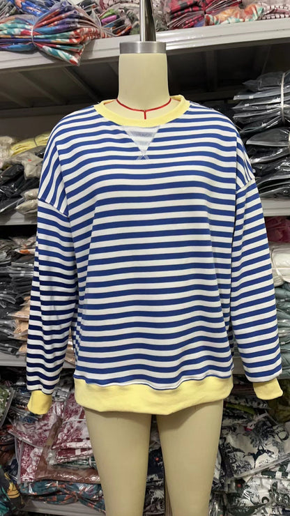 Striped Round Neck Contrast Color Loose Long Sleeve Sweatershirt