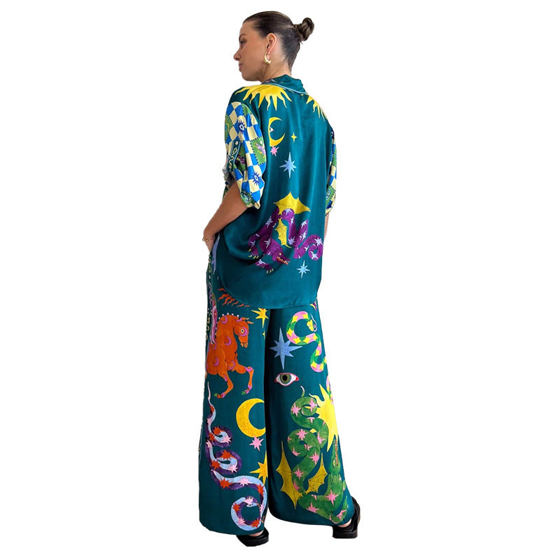 European And American Women's Clothing Southeast Asian Style Fashion Printed Casual Suit