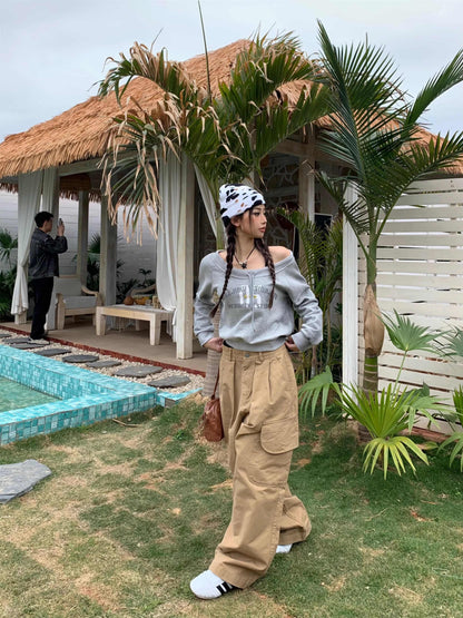 Retro Shoulder Drawstring Letter Printed Crew Neck Sweatshirt Women's Top