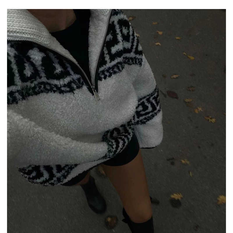 Short Zipper Polo Large Lapel Lamb Wool Loose Woolen Coat