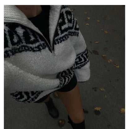 Short Zipper Polo Large Lapel Lamb Wool Loose Woolen Coat