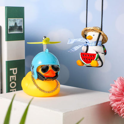 2 Pieces Swinging Duck Car Hanging Ornament Rubber Car Duck Car Ornament with Propeller Helmet Swing Duck Car Rear View Mirror Pendant Yellow Duck Car Dashboard for Car Decor(Chic Style)