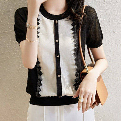 Lace Edge Stitching Button Embellished Knitted Short-sleeved Shirt For Women