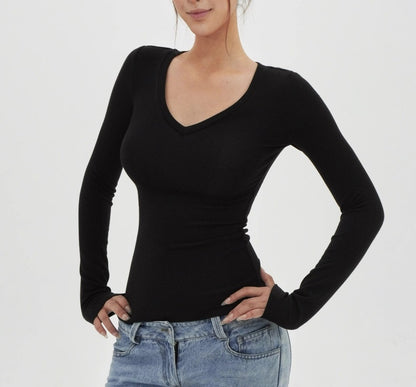 American Hot Girl Delicate V-neck Shoulder Long Sleeve T-shirt