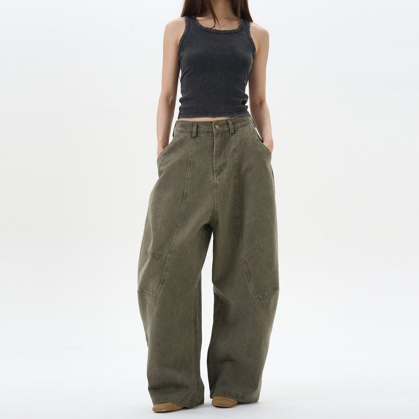 American Retro Green Brown Loose Matchet Pants Men And Women