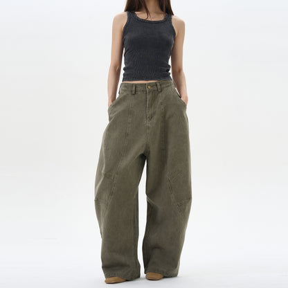 American Retro Green Brown Loose Matchet Pants Men And Women