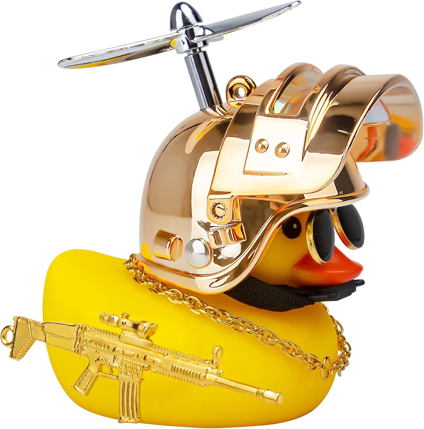 Rubber Duck Car Ornaments Cool Yellow Duck Car Dashboard Decorations Squeaky Glasses Duck with Propeller Helmet for Car Ccessories Dashboard (Y-Gold)