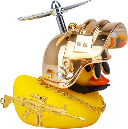 Rubber Duck Car Ornaments Cool Yellow Duck Car Dashboard Decorations Squeaky Glasses Duck with Propeller Helmet for Car Ccessories Dashboard (Y-Gold)