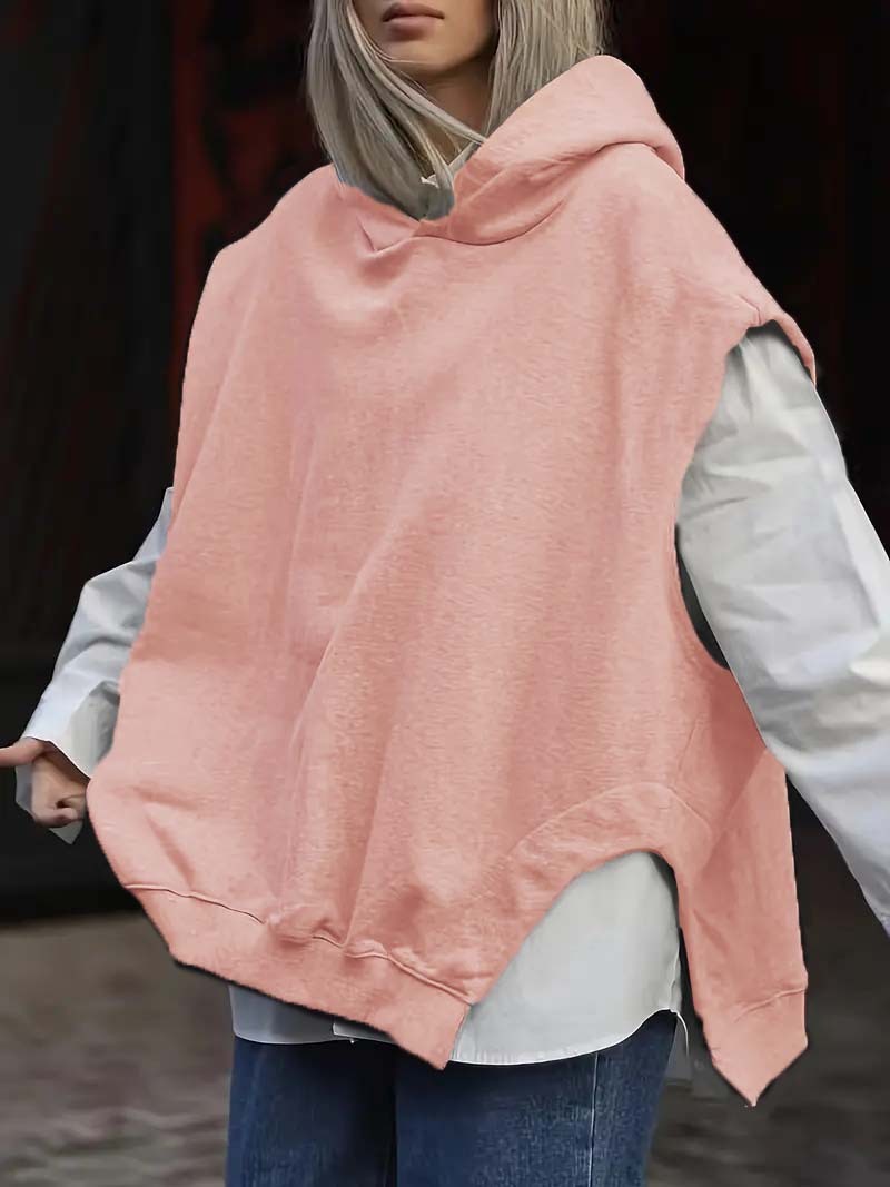 Women's Solid Color Style Loose Sleeveless Hooded Jacket Sweater