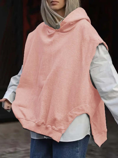 Women's Solid Color Style Loose Sleeveless Hooded Jacket Sweater
