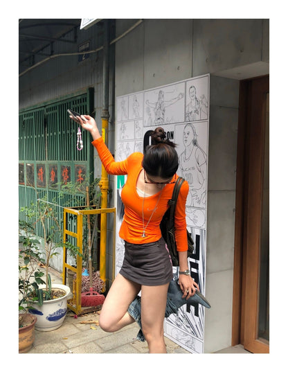 Long Sleeve Rhinestone Inner Bottoming Shirt Slim Fit Slimming Dopamine Top