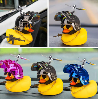 Rubber Yellow Duck Car Ornaments Cool Duck Car Dashboard Decorations with Propeller Helmet Sunglasses (Brilliant Black-Yellow G)