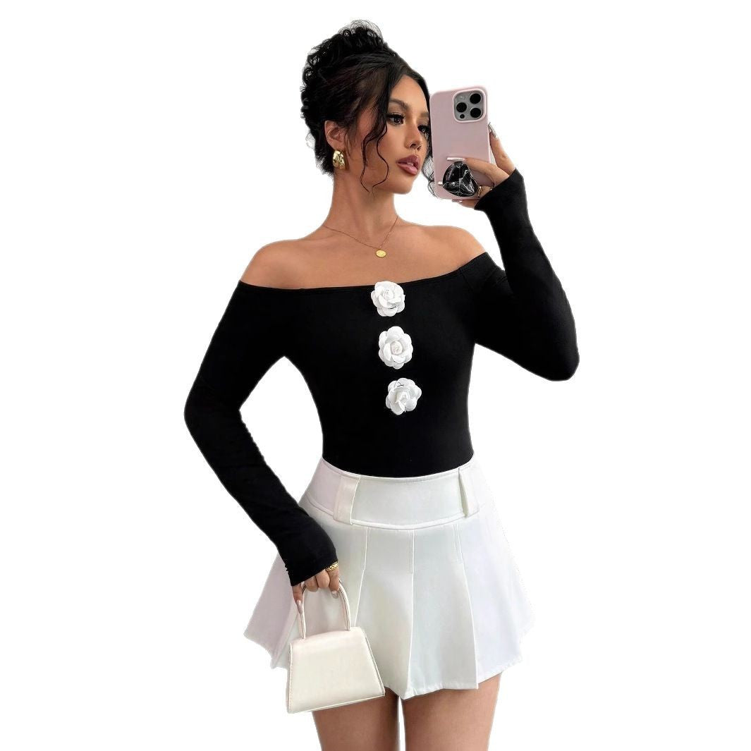 3D Floral Off-the-shoulder Off-neck Slim-fit Long-sleeved T-shirt