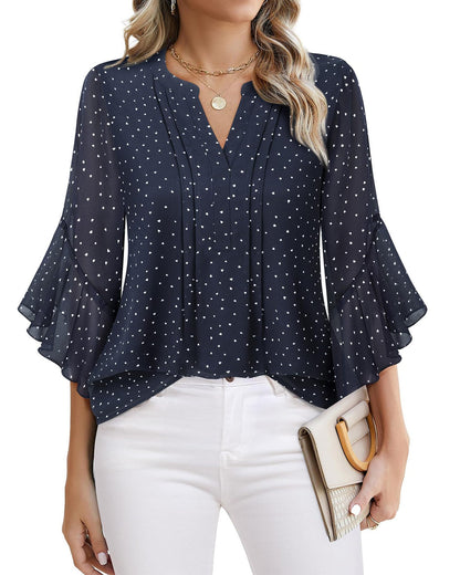 Women's Three-quarters Sleeve Tops Dressy Casual Business Work Blouses Chiffon Office Shirts