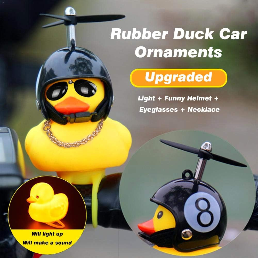 Rubber Duck Car Ornaments, 2Pcs Yellow Duck Car Dashboard Decorations Squeeze Duck Bicycle Horns with Propeller Helmet