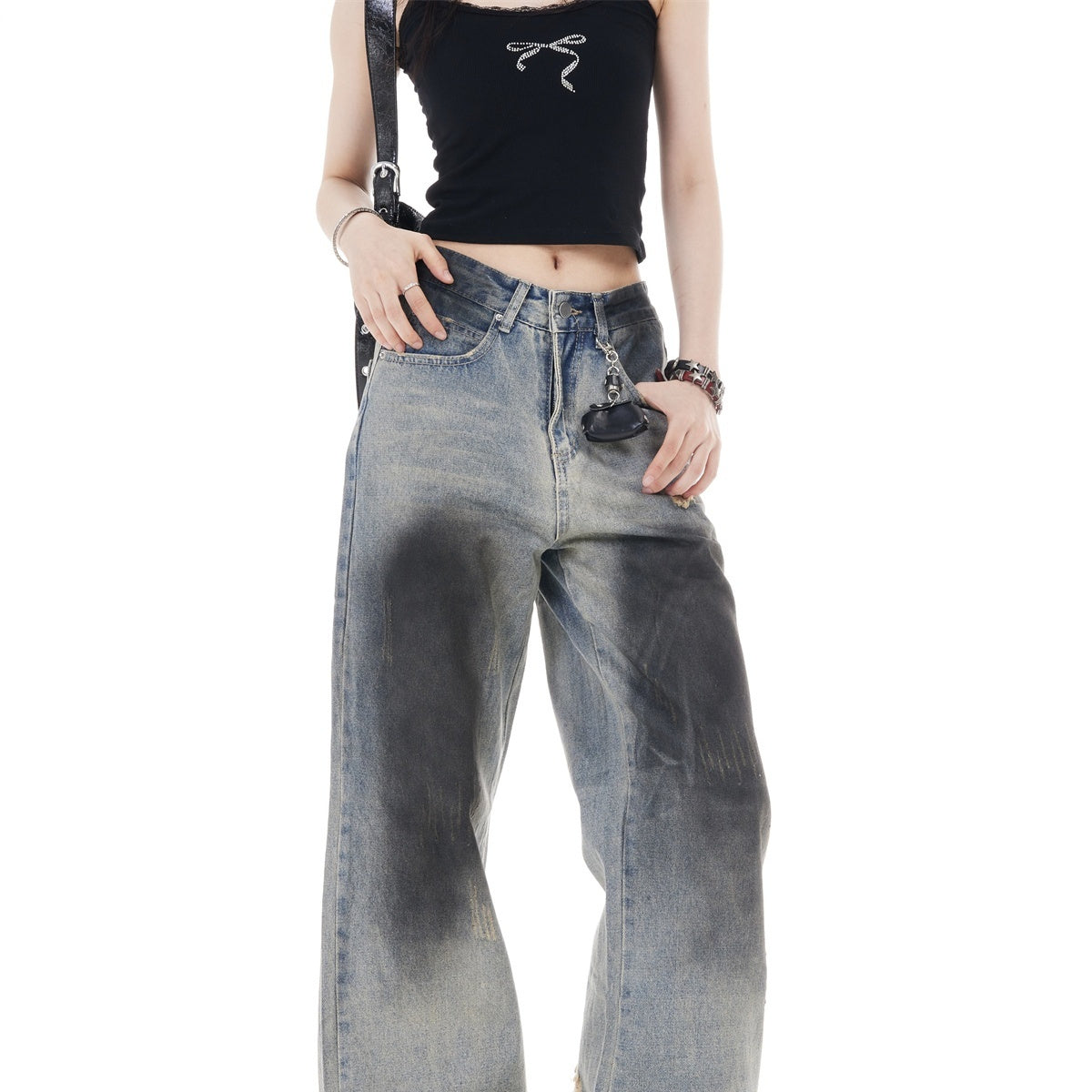 Retro High Waist Wide Leg Ripped Jeans