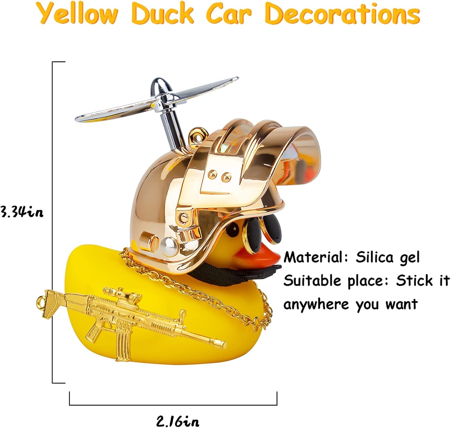 Rubber Duck Car Ornaments Cool Yellow Duck Car Dashboard Decorations Squeaky Glasses Duck with Propeller Helmet for Car Ccessories Dashboard (Y-Gold)