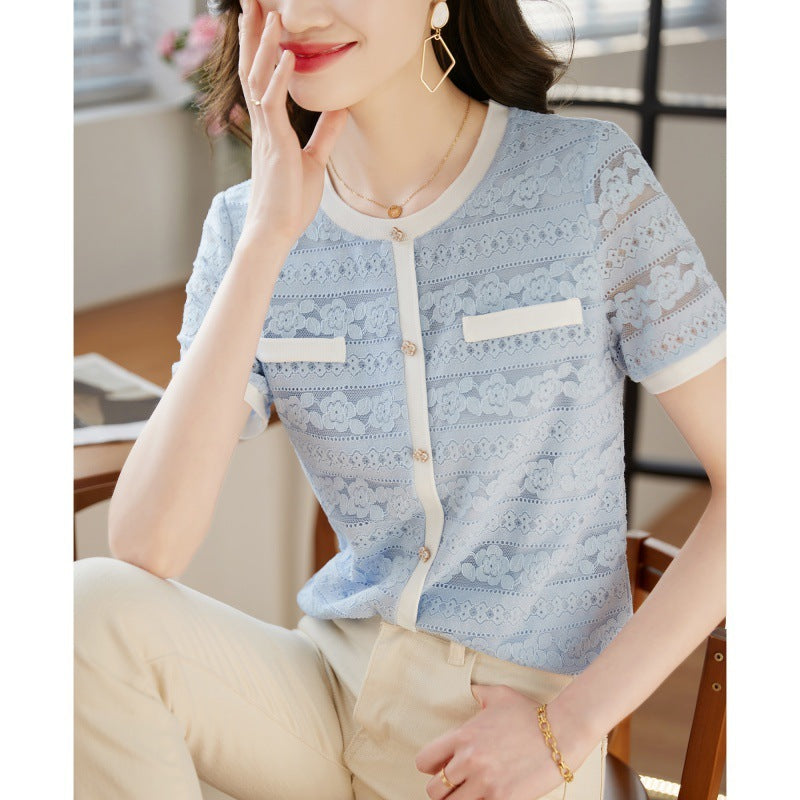 High-grade Lace Top Women's Short Sleeve Fashion Shirt